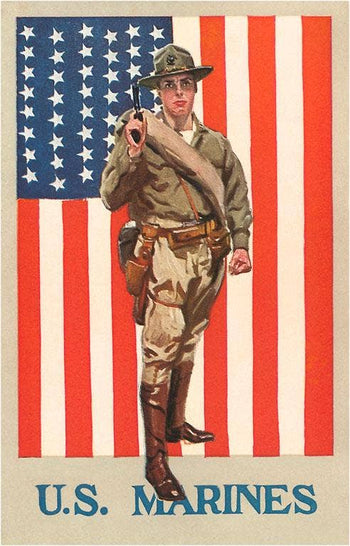 Found Image Press - Postcard ML-07 US Marines, Marine in front of Flag with Pist