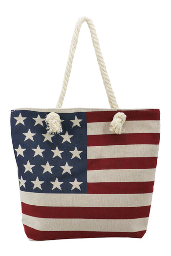 Cap Zone - American Flag Zippered Burlap Canvas Tote Bag: AMERICAN FLAG / ONE SIZE