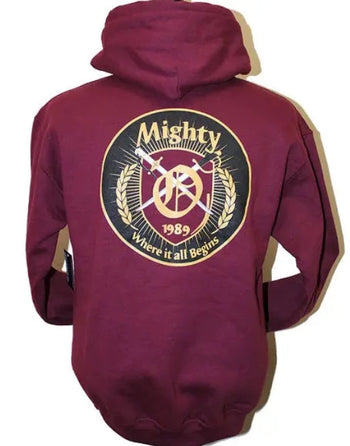 A maroon hoodie with a logo on the front and a round emblem on the back featuring the text 'Mighty 4th' and the number '1989'.
